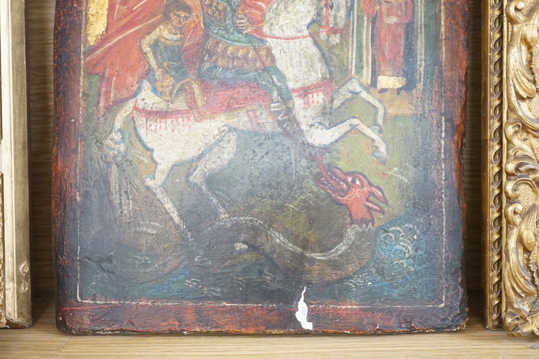 Greek School, tempera on wooden panel, Icon of St George and the dragon, 31 x 24cm